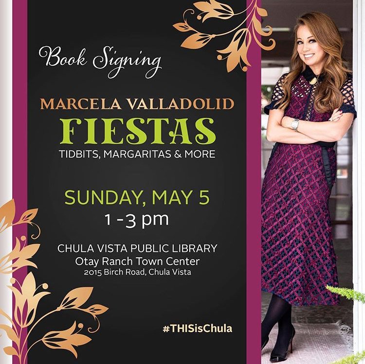 ChulaVistaLib's tweet photo. It's happening today and we're so excited!!!
Stop by our Otay Ranch location at 1:00 pm as #ChulaVista resident and celebrity @chefmarcela will be on hand to sign her fantastic book “Fiestas: Tidbits, Margarita’s & More!” #THISisChula #CVPLReads https://t.co/yfMcE0wgOT
