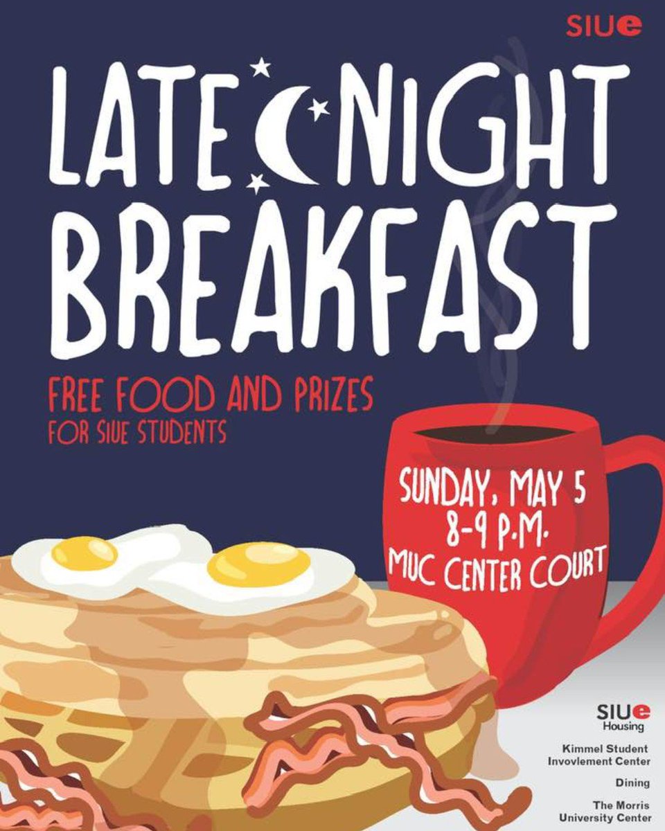 SIUe_STAT's tweet photo. Finals Week is upon us!  Stop by the MUC for Late Night Breakfast tonight at 8 p.m.
.
.
.
#SIUE #SIUEstat https://t.co/g6VOWvvH7u