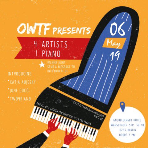 BERLIN!
TOMORROW 06.05.19 at 7 PM MICHELBERGER Hotel - OWTF night with <a href="/TWO4PIANO/">TWO4PIANO</a>, <a href="/KatjaAujesky/">Katja Aujesky</a> and June Coco.
Free entry!
#two4piano #berlin #pianoduo #michelbergerhotel #classical #pianist #piano #lookingforward #owtf #management #repost