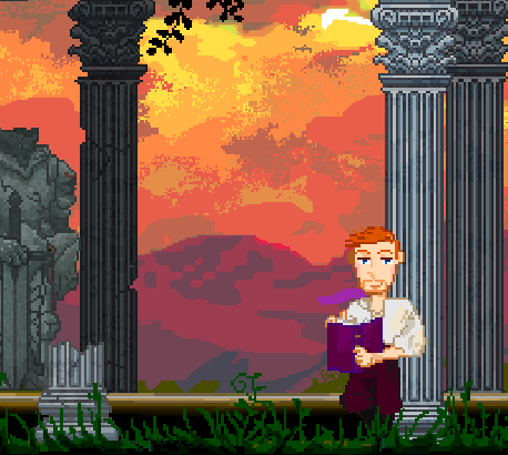 OriginTrailGame's tweet photo. The poet, (@bennett4senate) spends the sunsets reading literature amongst the broken pillars of the Garden of Magistrates. A fine way to spend the end of days if you ask me. #OriginTrailGame https://t.co/FcNJ00QwhH