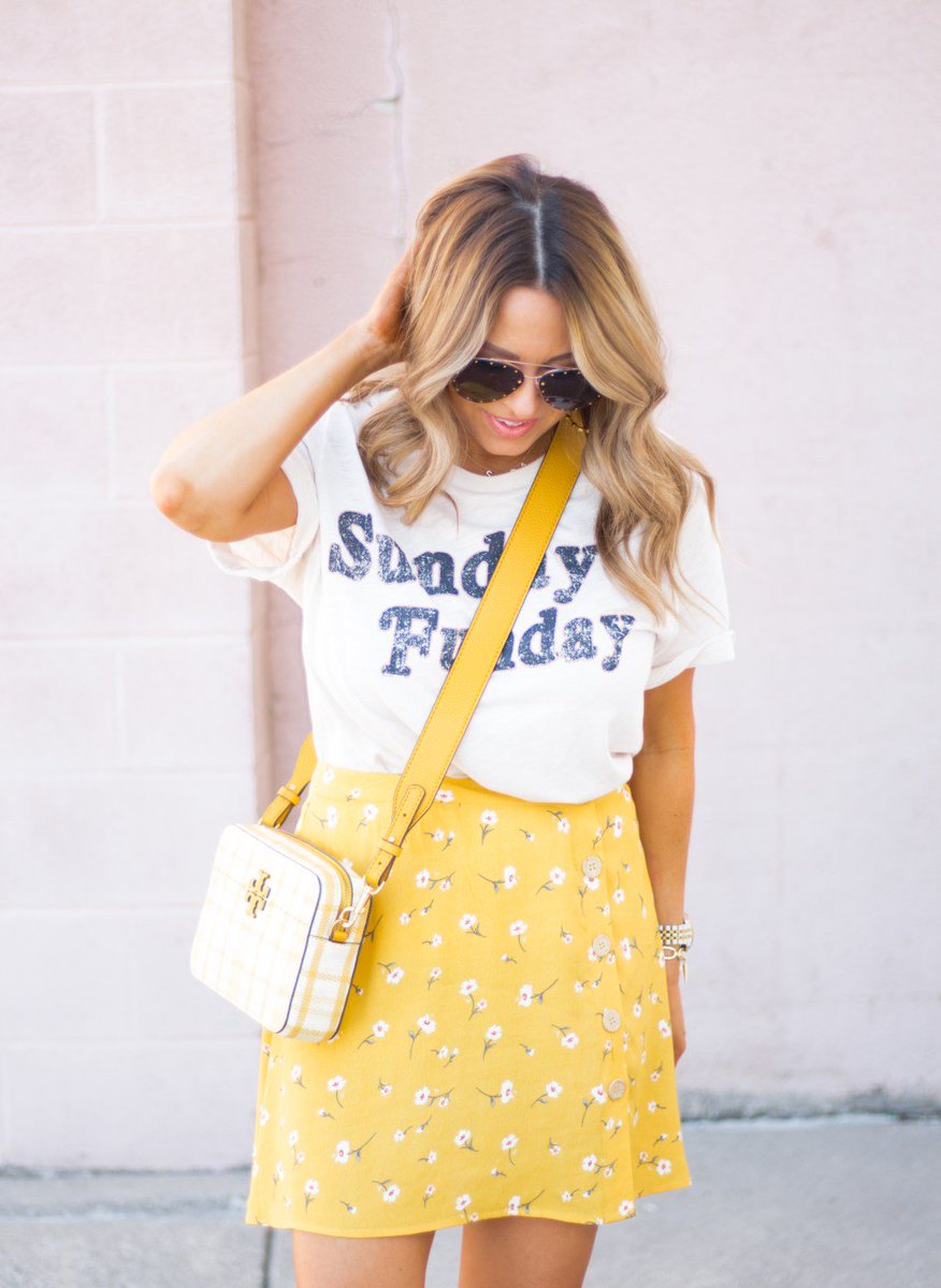 Sunday Funday Tee Paired with Floral Yellow Skirt + Favorite Sunday Spots in Omaha sabbystyle.com/sunday-funday-…