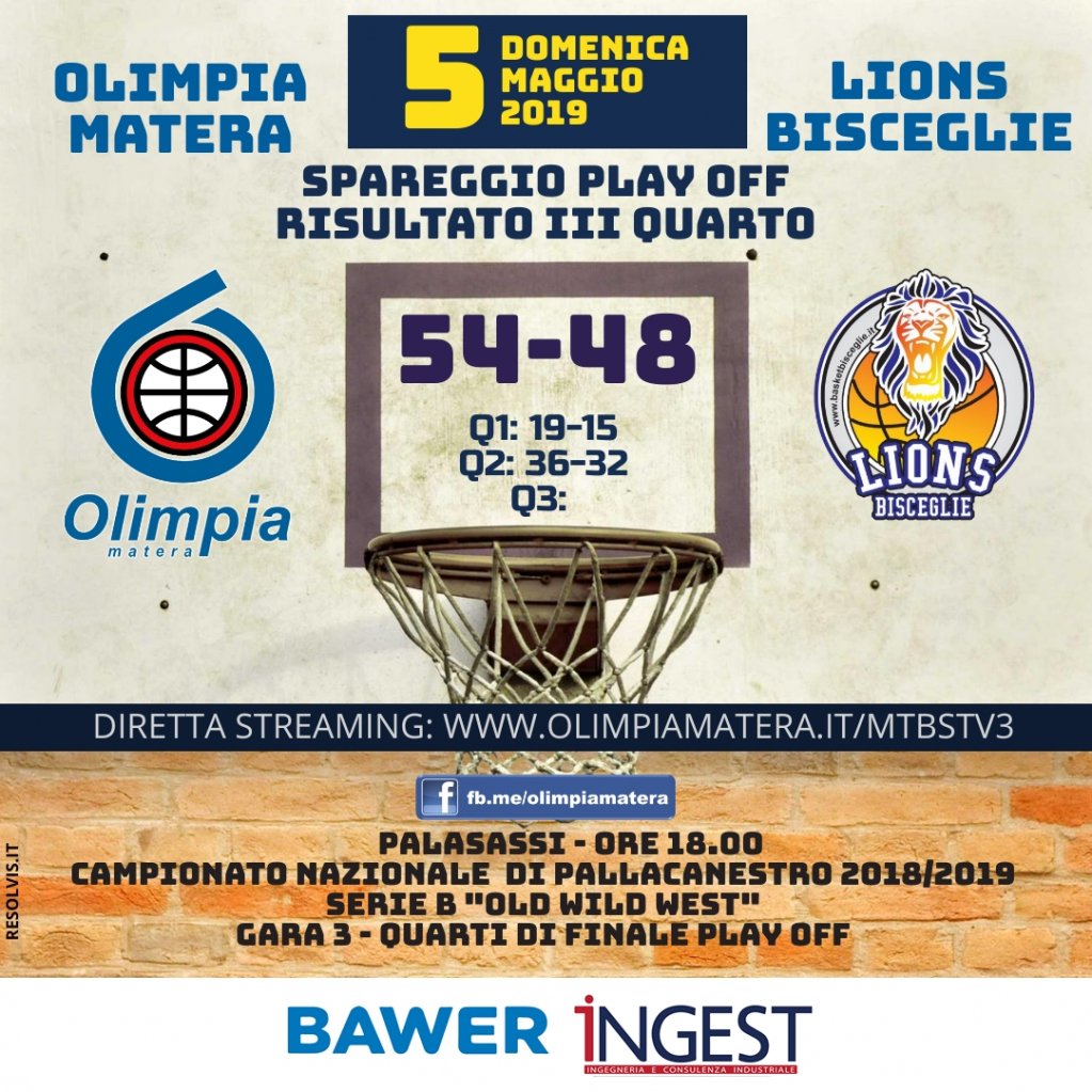 olimpiamatera's tweet photo. Olimpia Matera vs Bisceglie 54-48 (Risultato III Quarto; Q1: 19-15; Q2: 36-32) Domenica 5 maggio 2019 - ore 18:00 - Palasassi di Matera. Gara #3 (spareggio) dei Quarti di Finale - Tabellone C - Play Off. Campionato Nazionale di Pallacanestro - Serie B “Old Wild West”… https://t.co/xIMAeN6QQV