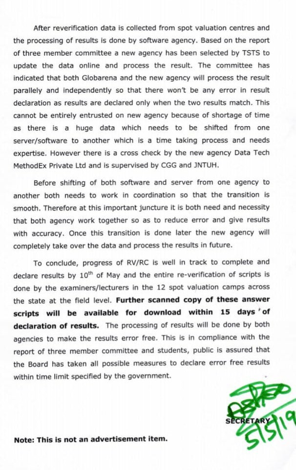 anusha_puppala's tweet photo. The re-verification results to be announced on May 10 and scanned answer copies of all the failed students will be available for download within 15 days of declaration of results for parents and students reference #intermediate #intermediateresultsissue #interboard #Telangana https://t.co/x8EpThRX6p