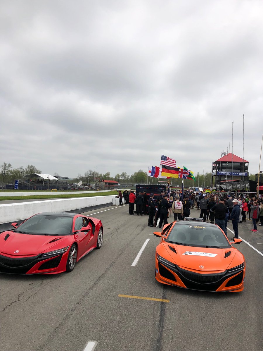 Acura Safety Cars, color guard and a large number of fans ready for the start of the @acura Sports Car Challenge. #IMSA #AcuraSportsCarChallenge