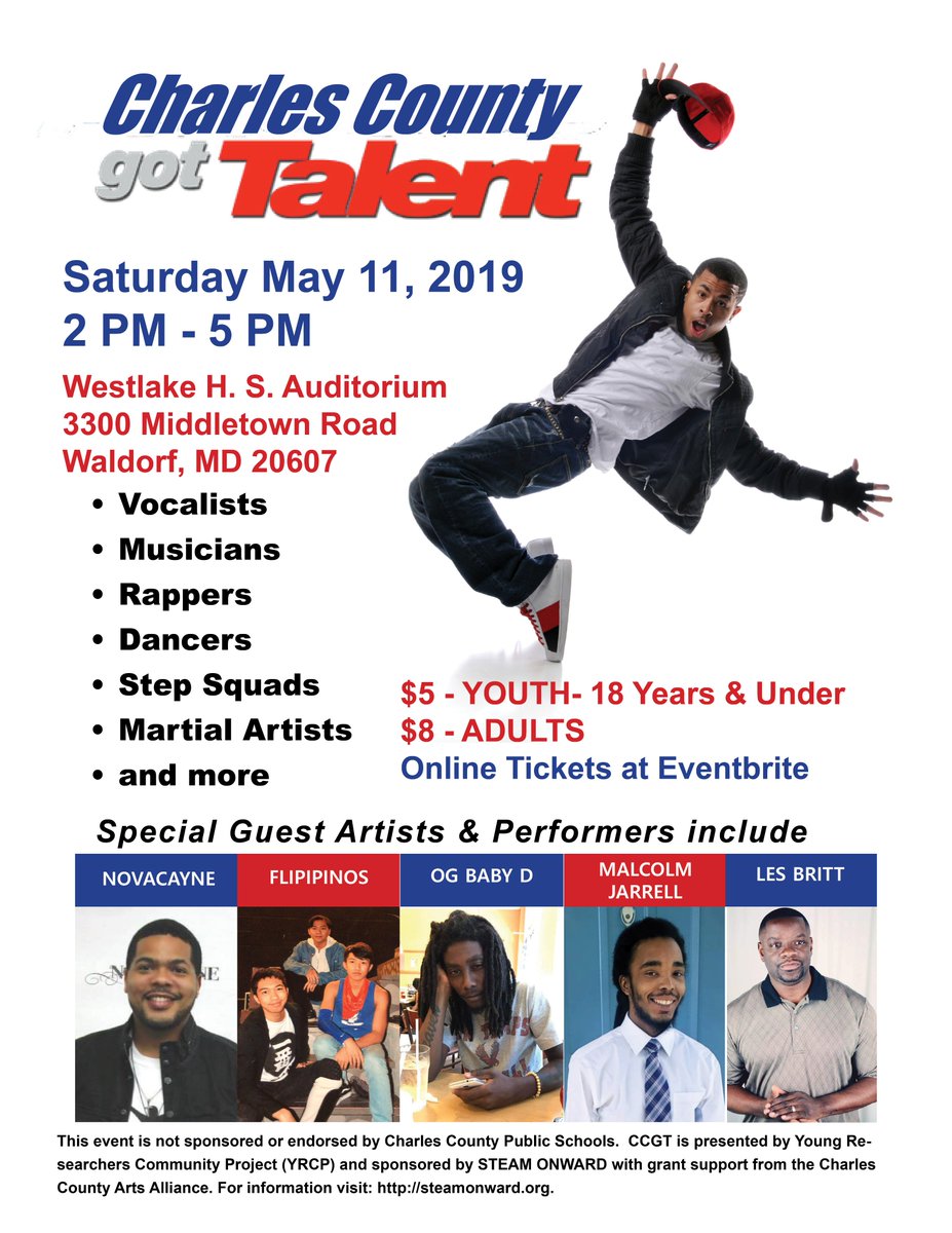 Charles County Got Talent Saturday May 11, 2019 
Westlake HS Auditorium 3300 Middletown Road Waldorf, MD 20607
TICKETS: eventbrite.com/e/charles-coun…
VISIT: steamonward.org