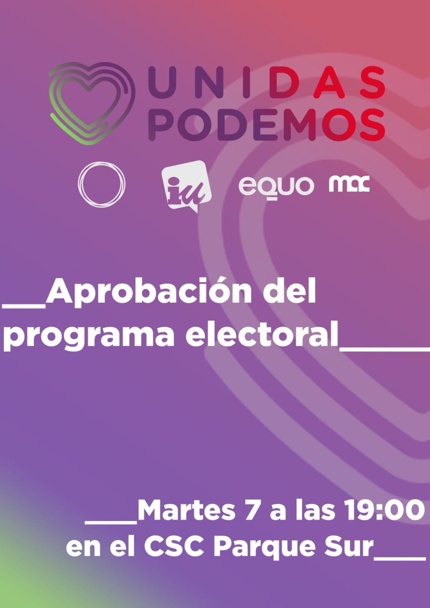 Este martes aprobaremos nuestro Programa Electoral, gracias al trabajo y al consenso de las compañeras y compañeros de las 4 organizaciones. Os esperamos!!