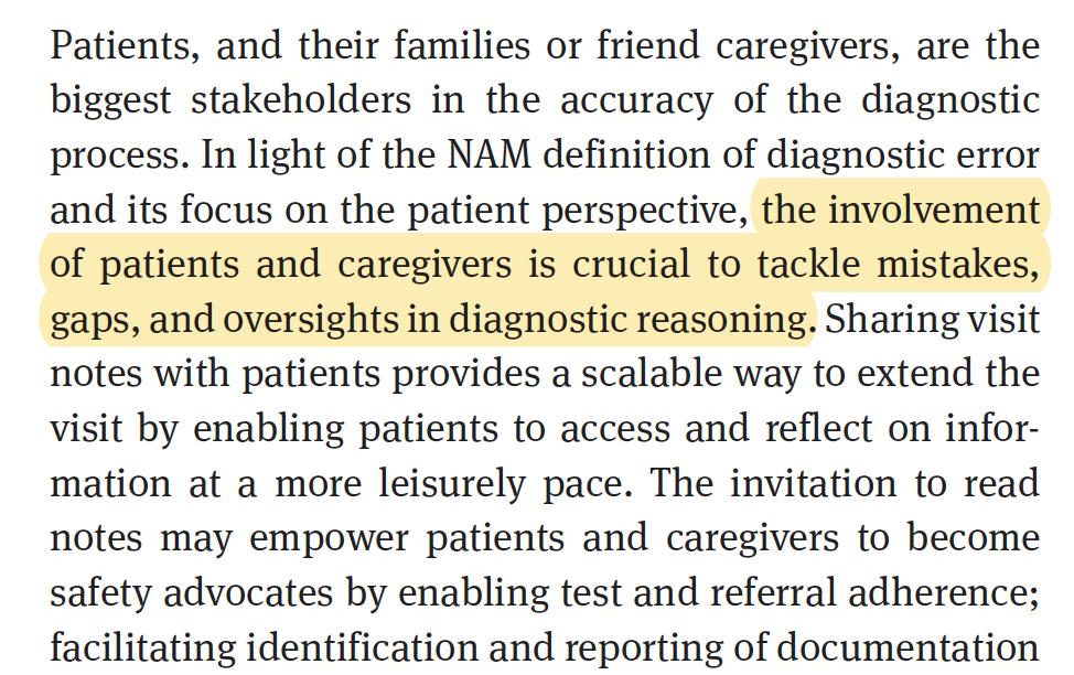 NEW PAPER from #OpenNotes team: "Patients as diagnostic collaborators: sharing visit notes to promote accuracy and safety."
✔️Avoid delays &amp; missed diagnoses
✔️Identify documentation errors
✔️Strengthen patient-clinician relationship
#ptsafety #healthIT
degruyter.com/view/j/dx.ahea…