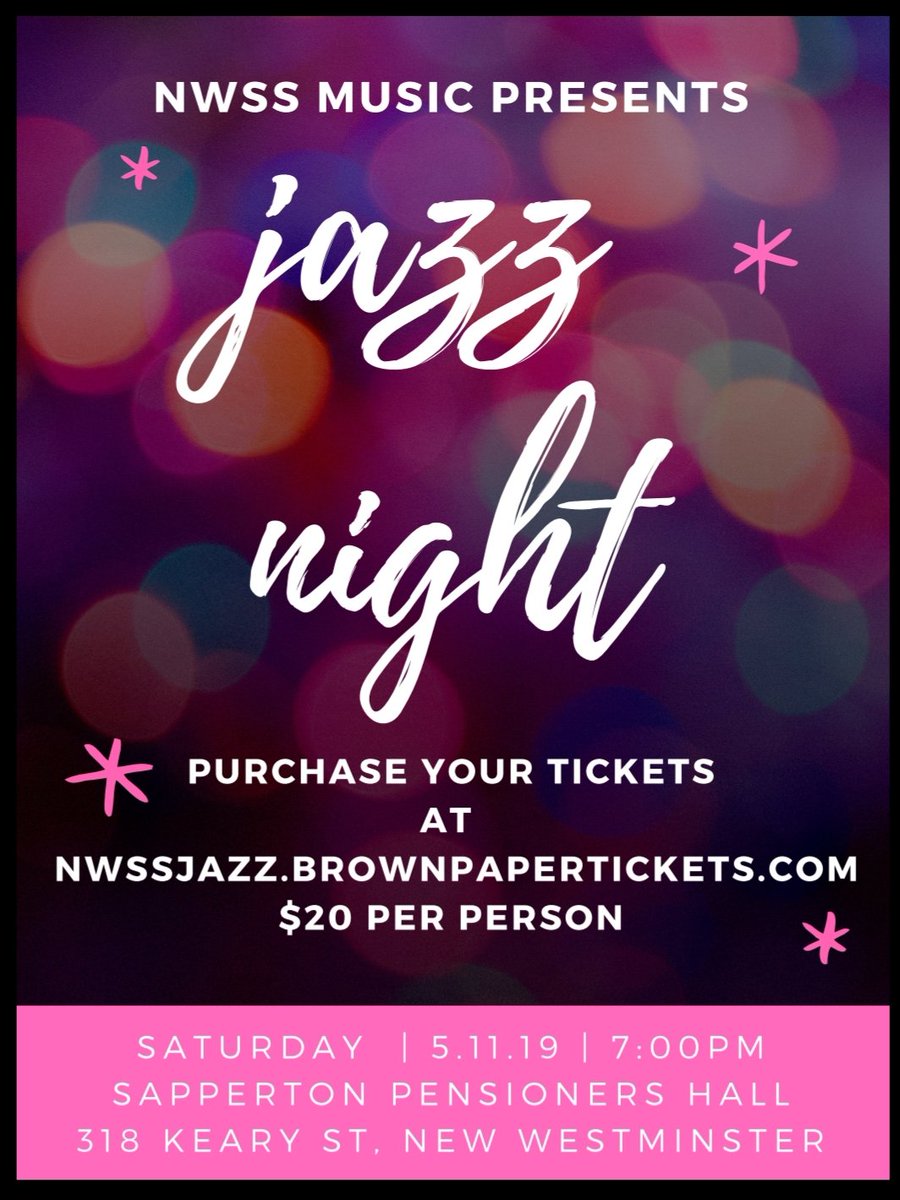 Cash bar and snacks will be available! Come join the fun and support our many jazz musicians from Fraser River Middle School and New Westminster Secondary School! Saturday May 11 at 7:00 pm #newwest #musicmatters #sd40 get your $20 tickets nwssjazz.brownpapertickets.com