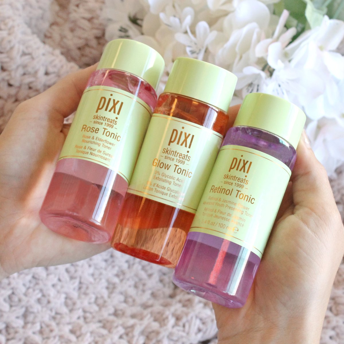 PIXIBeauty's tweet photo. Delight your skin with our #PixiPerfect Rose Tonic, Glow Tonic & Retinol Tonic! On their own, these toners help you balance, exfoliate & reduce fine lines on the skin. Together, they make for #MultiToning perfection! https://t.co/3Qfh9swZT5 https://t.co/N6mMOSZeIm