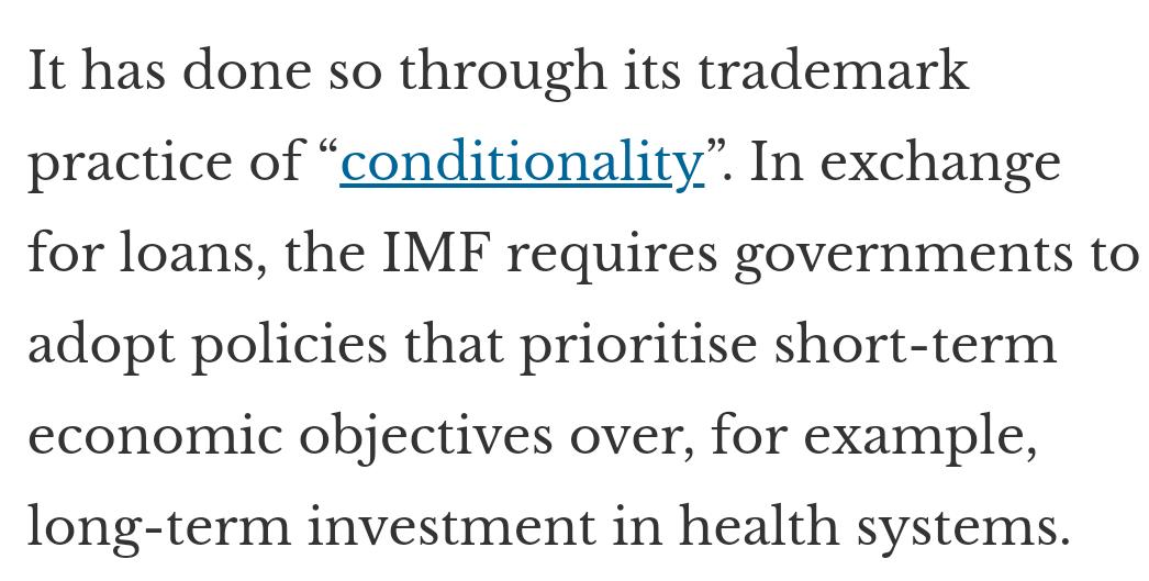 IMF conditions force African and other states subject to imperialist exploitation to demolish the health care systems the Soviets sought to help them build:  https://theconversation.com/how-years-of-imf-prescriptions-have-hurt-west-african-health-systems-72806