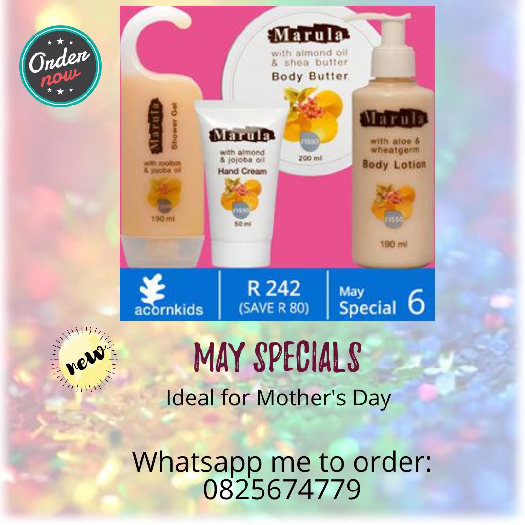 Aneldutoit's tweet photo. Acornkids May Special 6: Marula for Mom! Body Butter, Hand Cream, Shower Gel and a FREE Body Lotion!! #Acornkids #Mothersday #Mayspecial https://t.co/TLFB8HMnsE