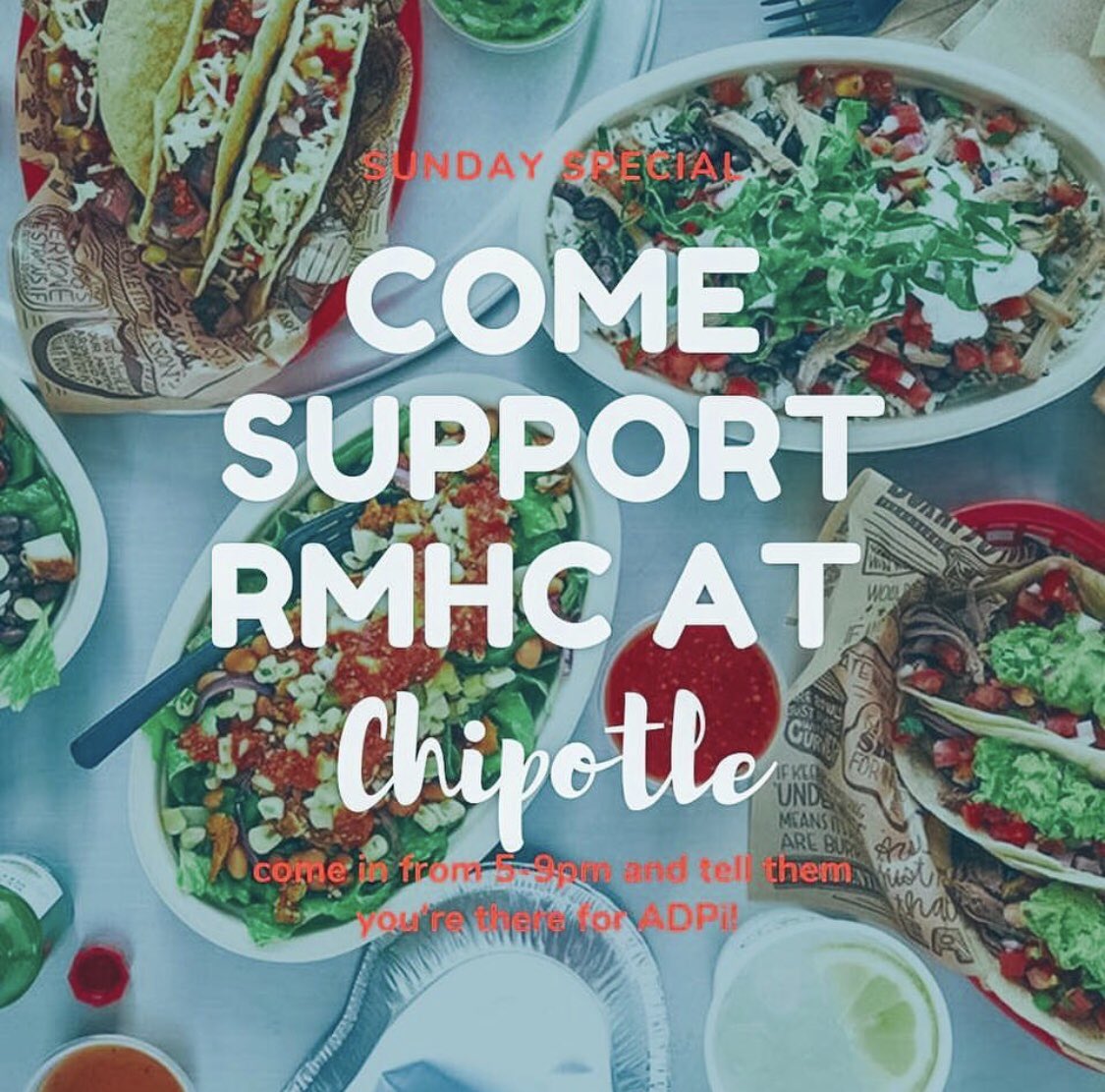 Today’s the day! Run on over to Chipotle from 5-9 for some great food for an even better cause! (Don’t forget to mention ADPi!💎✨)
