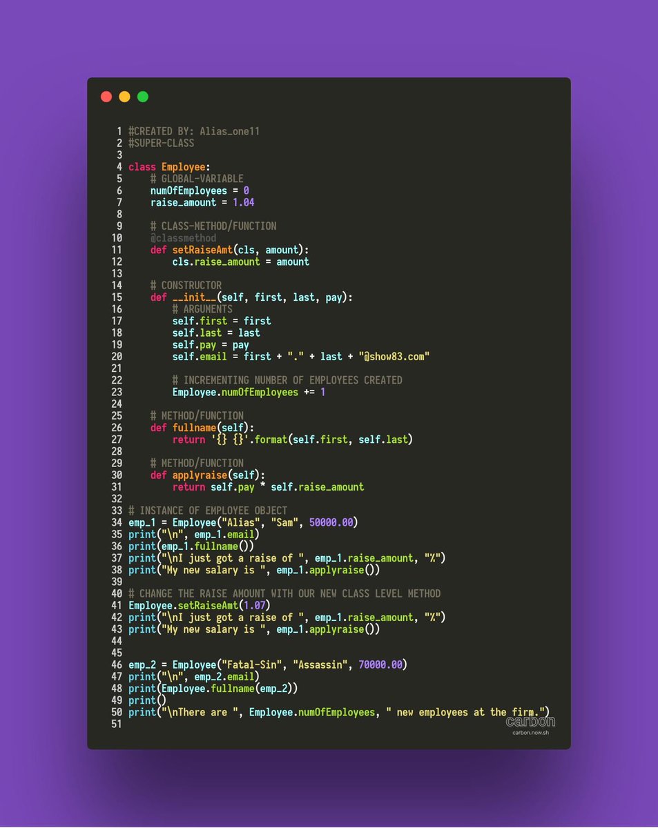 Alias_One11's tweet image. #day18 in my #100DasyOfCode journey. I’m back with a Employee program that has a super-class named Employee and sub-classes called Developer & Manager. I’m creating instances of different aspect of each class using inheritance in python.