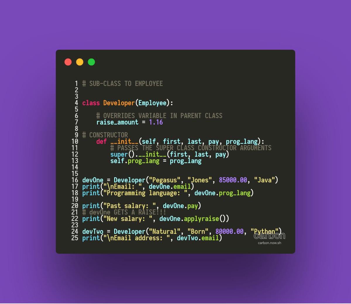 Alias_One11's tweet image. #day18 in my #100DasyOfCode journey. I’m back with a Employee program that has a super-class named Employee and sub-classes called Developer & Manager. I’m creating instances of different aspect of each class using inheritance in python.