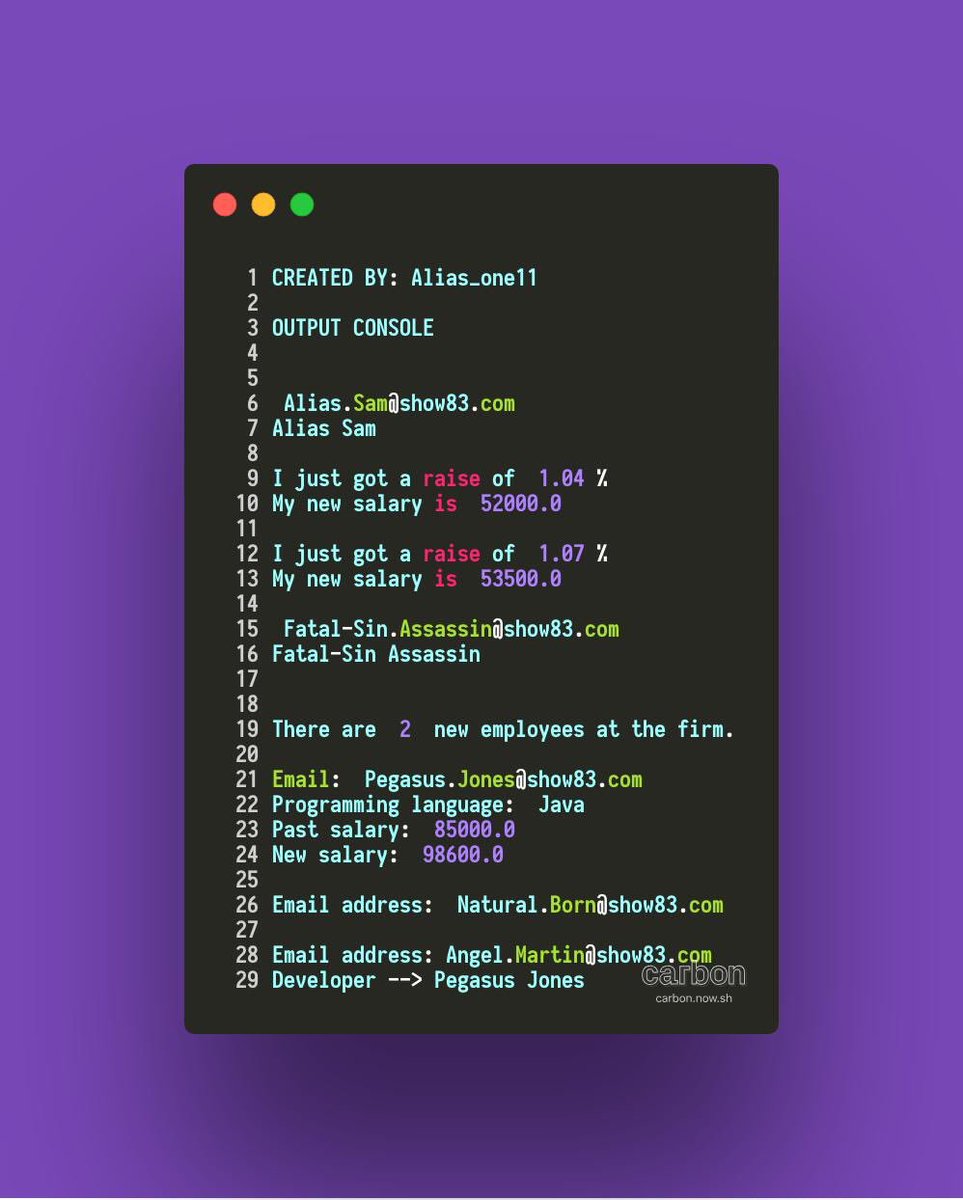 Alias_One11's tweet image. #day18 in my #100DasyOfCode journey. I’m back with a Employee program that has a super-class named Employee and sub-classes called Developer & Manager. I’m creating instances of different aspect of each class using inheritance in python.