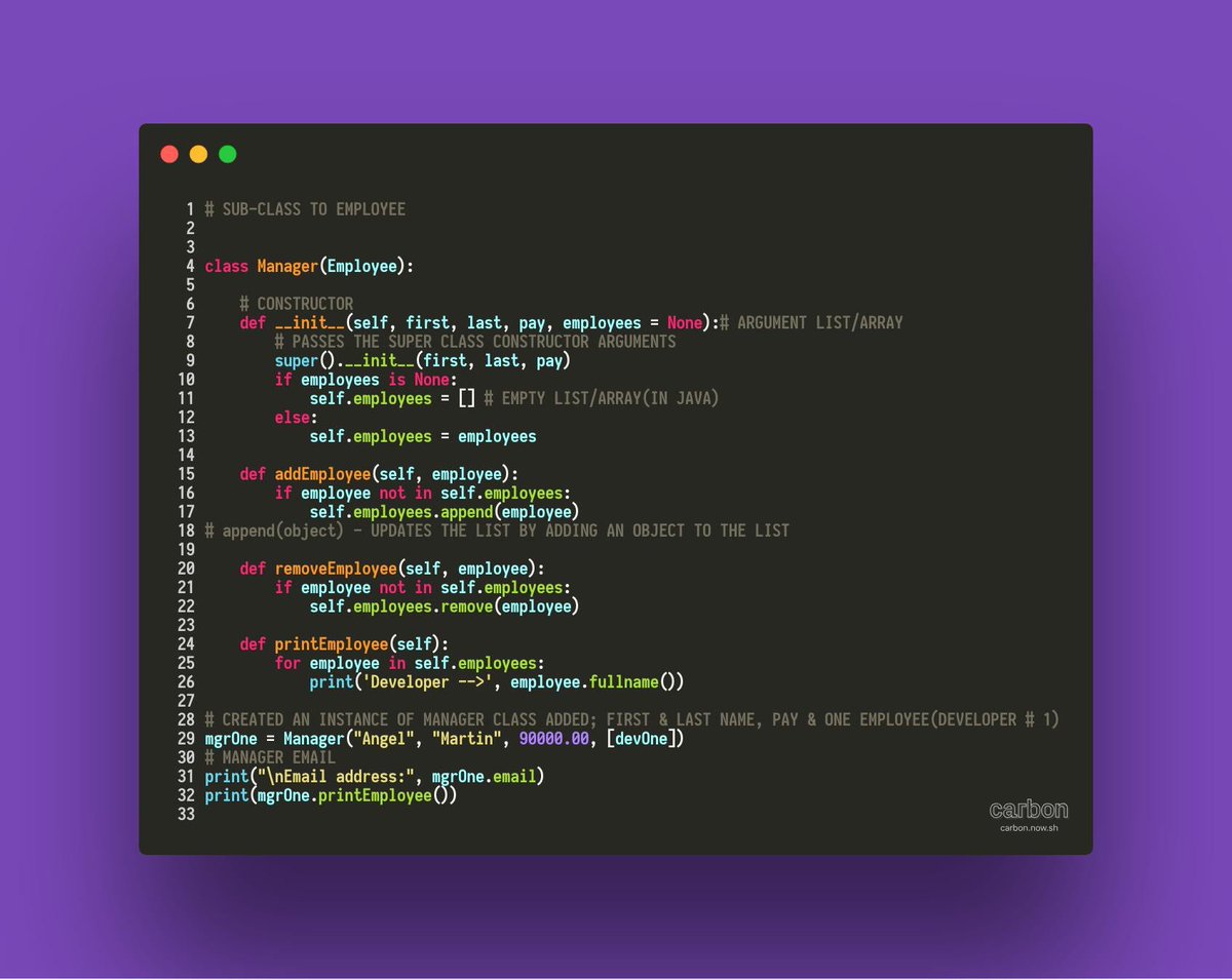 Alias_One11's tweet image. #day18 in my #100DasyOfCode journey. I’m back with a Employee program that has a super-class named Employee and sub-classes called Developer & Manager. I’m creating instances of different aspect of each class using inheritance in python.
