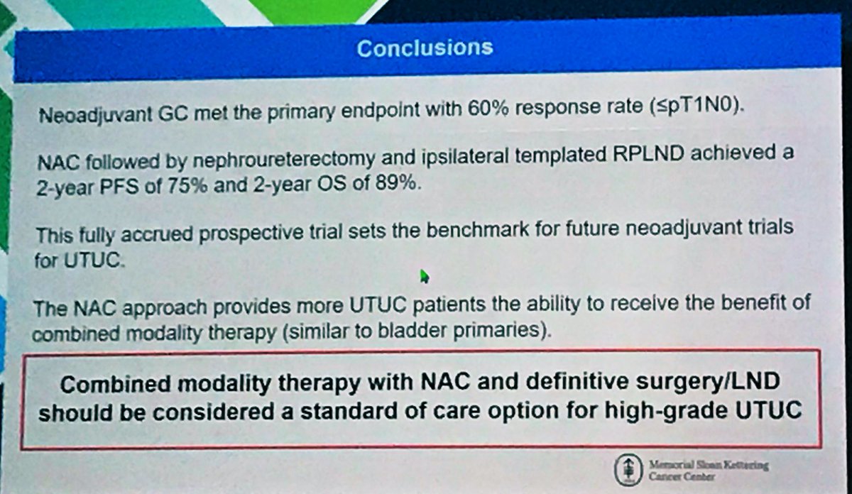 Phase II trial of neoadjuvant gem/cis for high-grade UTUC from MSK. Good response rates and overall survival. A new standard of care? #AUA19