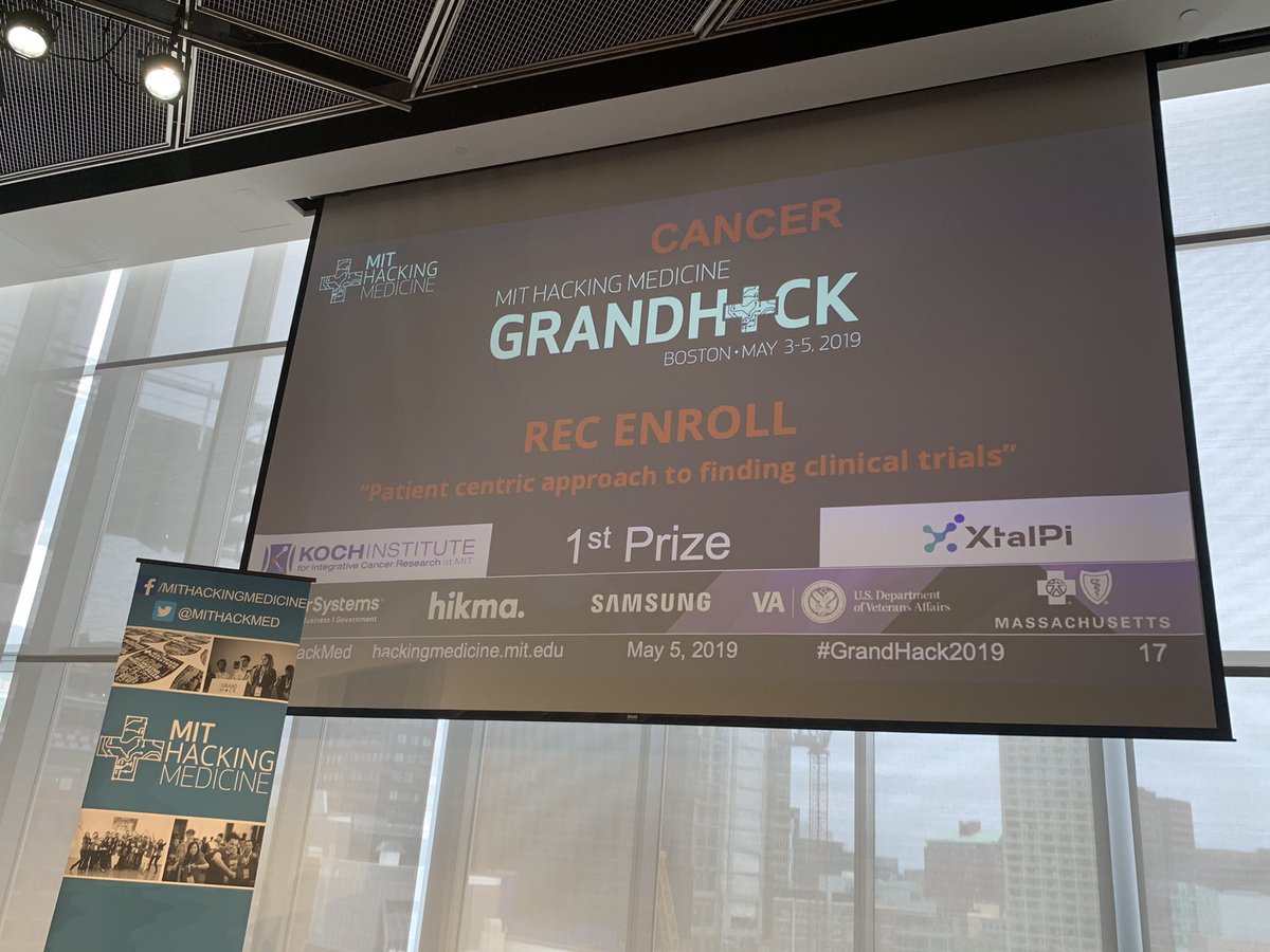mithackmed's tweet photo. In the #cancer track, congratulations to REC Enroll, Forget Me Not, sneasy Swab and SUCA, the winners of the 1st, 2nd and third place prizes as well as the winner of the @Optum award. #GrandHack2019 @mithackmed @MIT #innovation #medicine https://t.co/GvmeA3qIOS