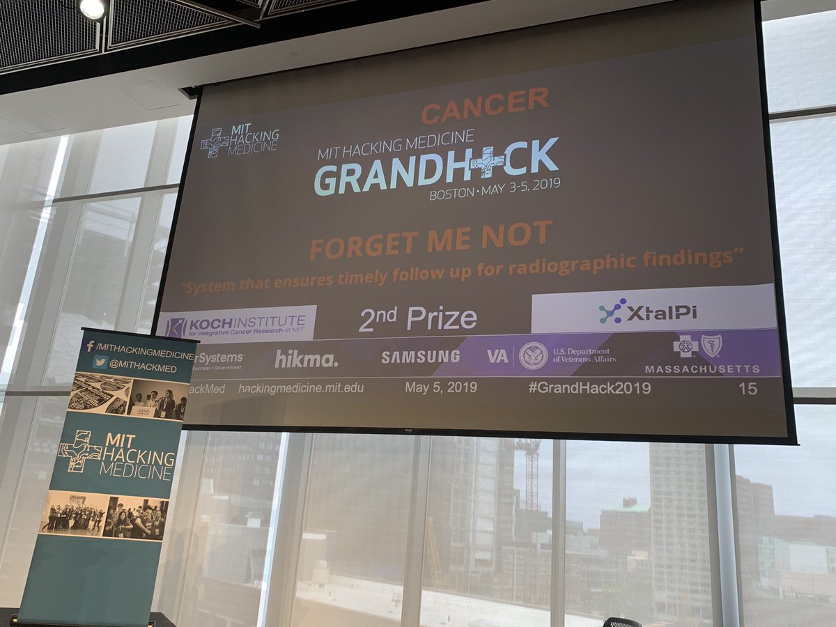 mithackmed's tweet photo. In the #cancer track, congratulations to REC Enroll, Forget Me Not, sneasy Swab and SUCA, the winners of the 1st, 2nd and third place prizes as well as the winner of the @Optum award. #GrandHack2019 @mithackmed @MIT #innovation #medicine https://t.co/GvmeA3qIOS
