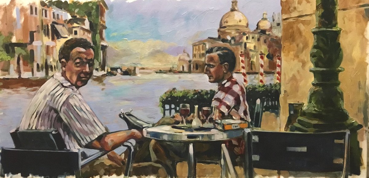 suffolkpainter's tweet image. Again progressed a painting today. It looks too bright. I need more colour in the water. Getting there. #benjaminbritten #peterpears #venice