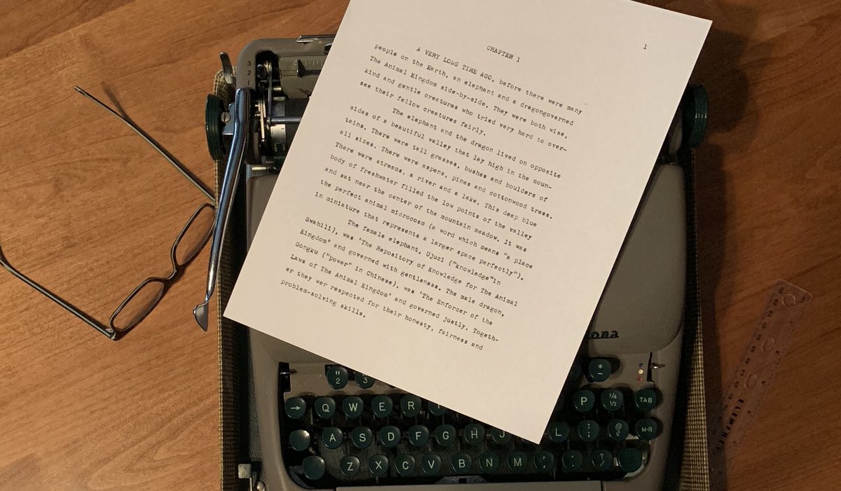 AuthorCSSimpson's tweet photo. Remember a previous mention of my dad's typewriter? Here it is, with page one of 'The Elephant and the Dragon'! 😎
#TheElephantandtheDragon #aFable #page1 #pg1 #typewriter #SmithCorona #oldschool #thanksdad https://t.co/d8EsBDFNP7