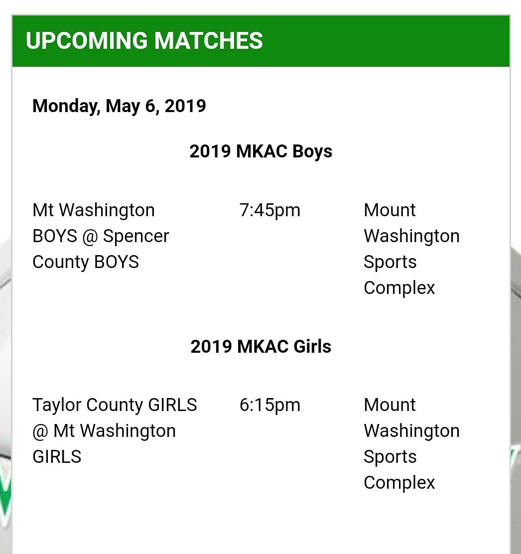 mkacsoccer's tweet photo. 2019 MKAC Championship Matches - Note time changes for both matches.  Good luck to the teams from Mt Washington, Spencer Co, and Taylor Co. https://t.co/SBNOh34hk0