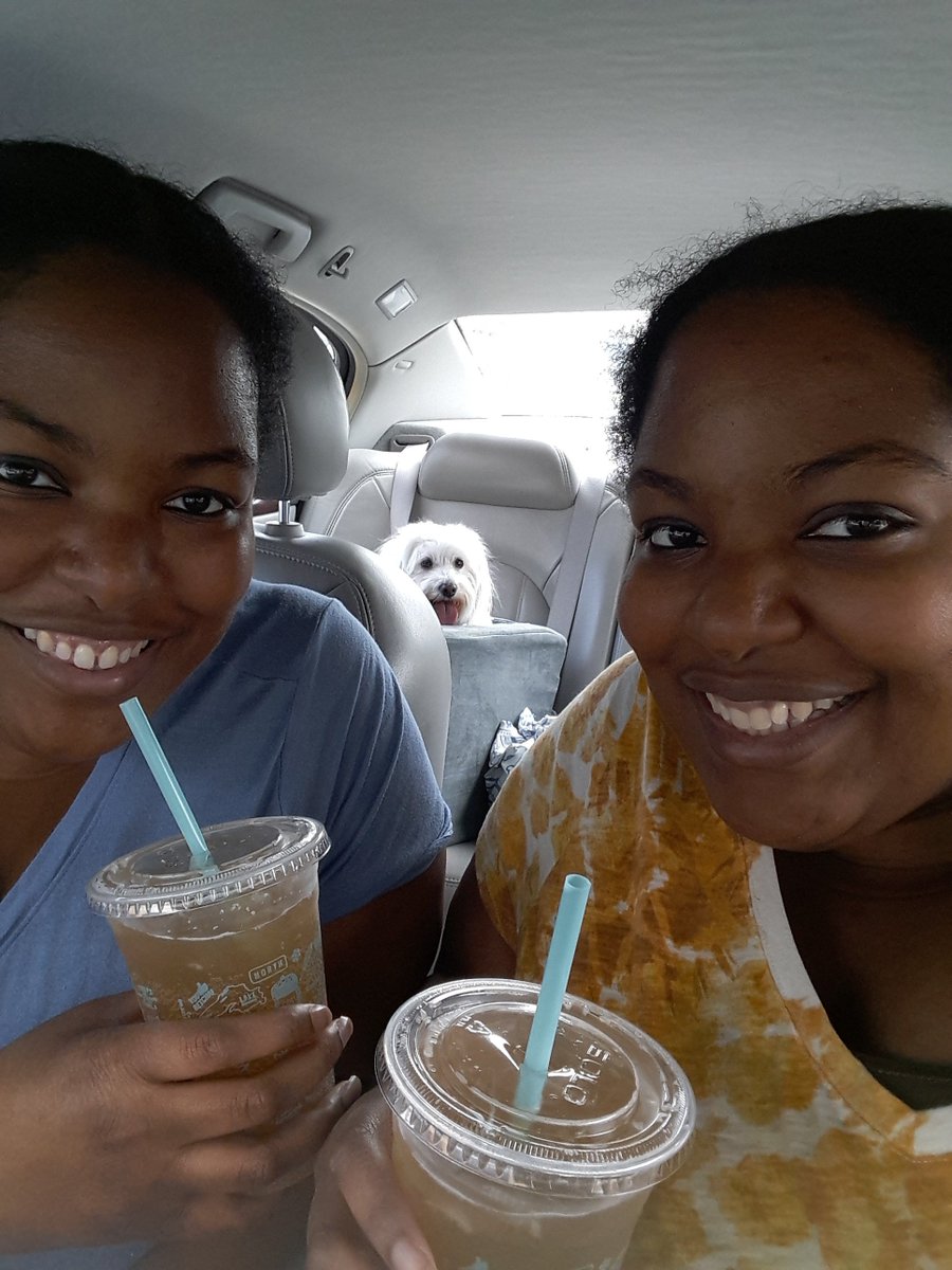 SimplyIdentical's tweet image. At Caribou Coffee with my twin and our dog Maxie Mae!! We both got the Peach Black Sparkling Tea, so delicious!!😍😍 #Twitter #twins #twinsisters #twinlife