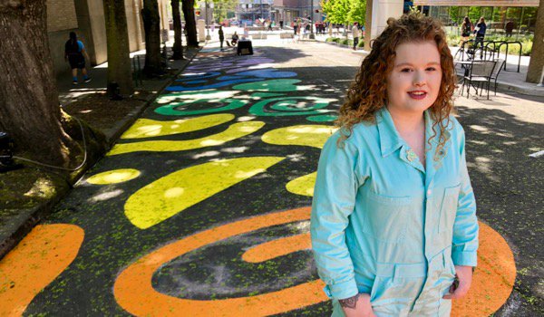 Portland_State's tweet photo. Meet the designer behind the Montgomery Pop Up Plaza street painting, junior graphic design student @WillowtreegirI. ππ #proudviks #WeArePortlandState https://t.co/RWXnyYapuY https://t.co/Fm5Vv2fguP
