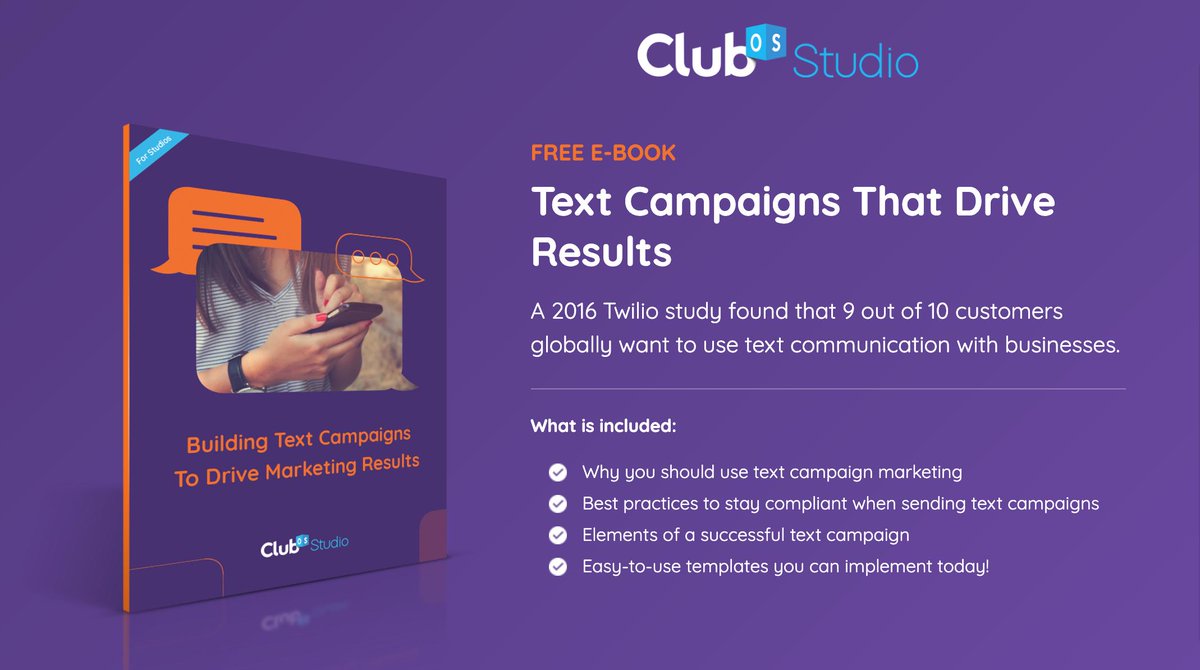 ClubOS's tweet photo. A 2016 @twilio study found that 9 out of 10 customers globally want to use text communication w/ businesses. Create #textcampaigns that drive results with the help of our free #eBook, written exclusively for #fitnessstudios. #clubos https://t.co/z0cmVbJTHV https://t.co/OH3eAbk97h