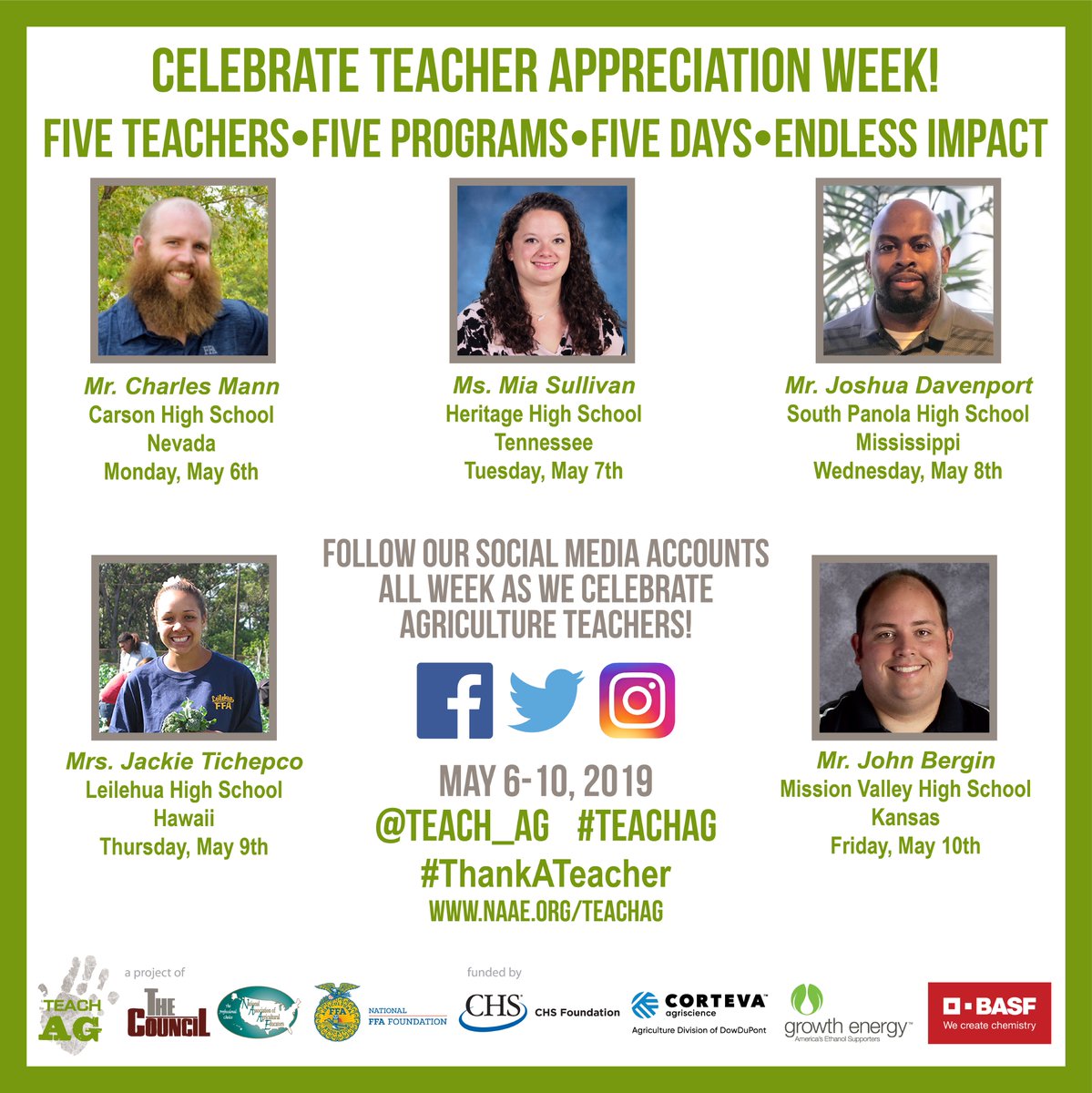 Teach_Ag's tweet photo. Join us this week as we highlight 5 agriculture teachers from around the country during this year's Teacher Appreciation Week! We will be visiting these teachers to give you the inside scoop as to what life as an agriculture teacher looks like. #TeachAg #ThankATeacher https://t.co/MKjal6jB5O