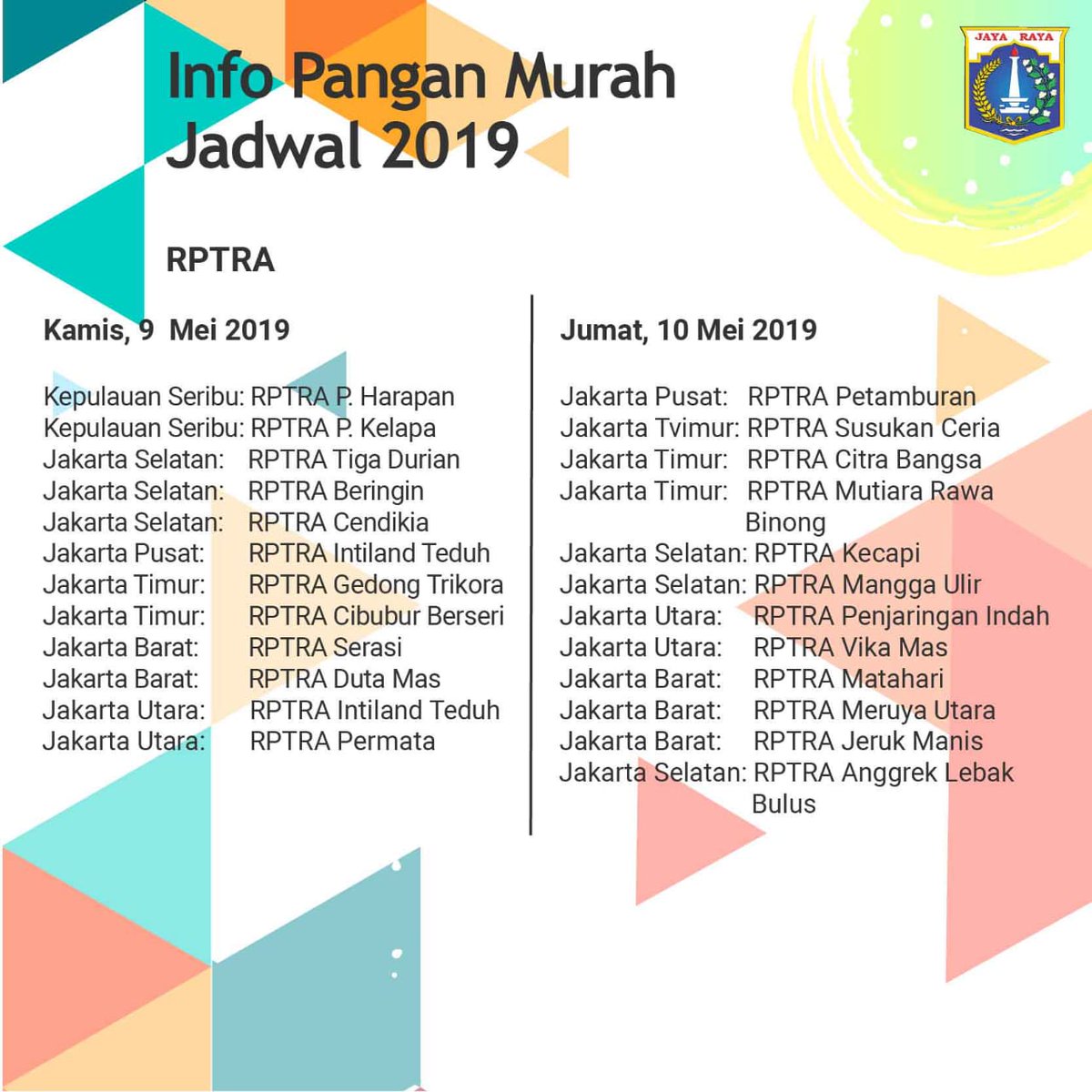 DKIJakarta's tweet photo. Nah, ini dia jadwal pangan murah Bulan Mei 2019, yang bisa diakses pukul 08:00 - 12:00!⁣
⁣
#DKIJakarta⁣
#Jakarta⁣
#PemprovDKIJakarta⁣
#PanganMurah⁣
#DKPKP⁣
#KJPPlus⁣
#KartuPekerja⁣
#PJLP⁣
#KartuLansiaJakarta⁣
#PasukanOrange⁣
#PasukanBiru⁣
#KartuPekerja https://t.co/7mWClNcHXK
