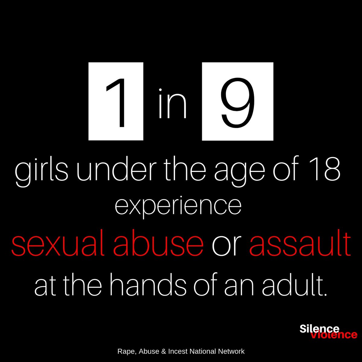 shidesv's tweet image. One in 9 girls and 1 in 53 boys under the age of 18 experience sexual abuse or assault at the hands of an adult. 
SOURCE: @RAINN
