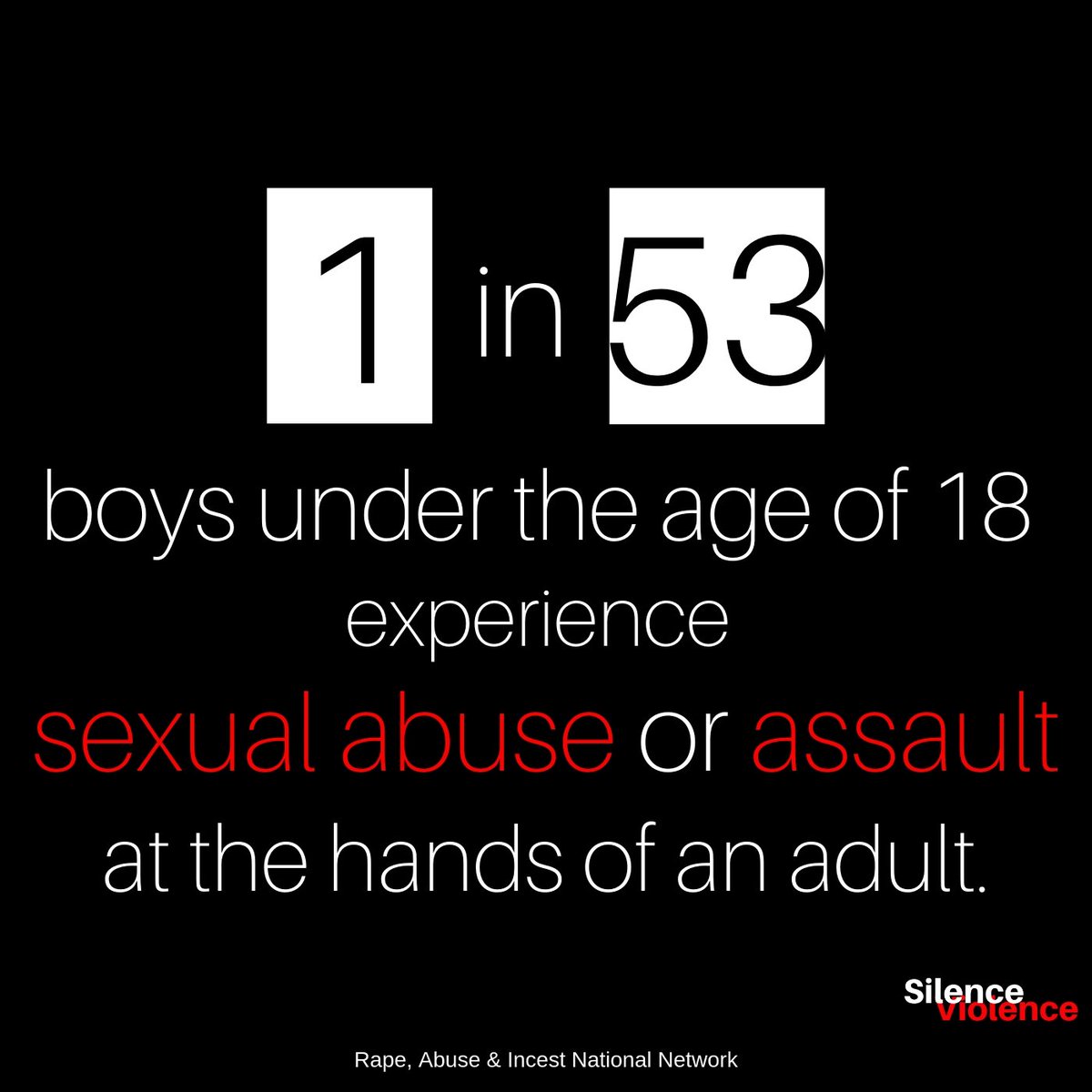shidesv's tweet image. One in 9 girls and 1 in 53 boys under the age of 18 experience sexual abuse or assault at the hands of an adult. 
SOURCE: @RAINN