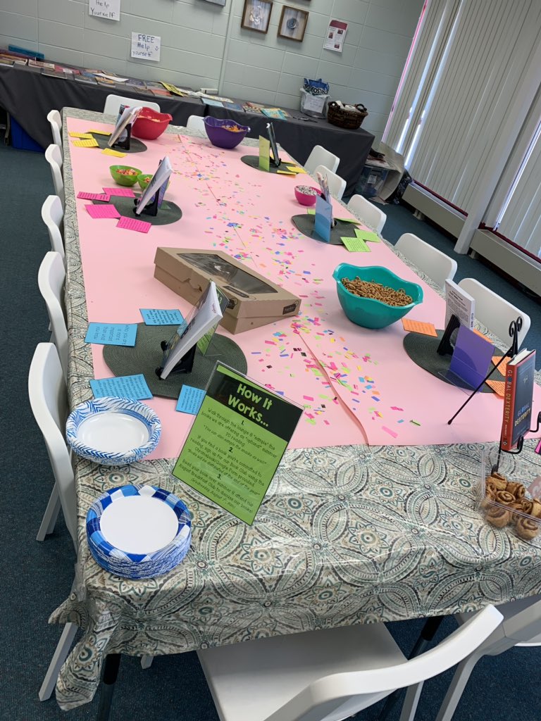 katieedengler's tweet photo. Thread (1/8) During our Teacher Plan Day, teachers got to sample a variety of PD books for an optional summer book club! The booktasting is becoming an annual event, with nearly half of certified staff participating! #professionaldevelopment #personalizeddevelopment #D15Learns https://t.co/GREA694FLr
