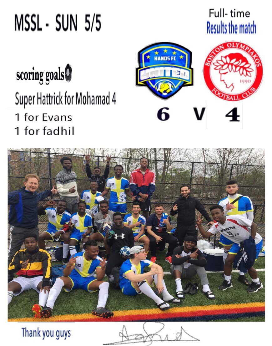A great win in our first game with 3 points for united Hands FC  against Boston Olympiakos
in MSSL
All the players did a great job in the field, after 15 min at first half UHFC player his taking red card # but our players they didn’t  give up and we win the game 6-4
