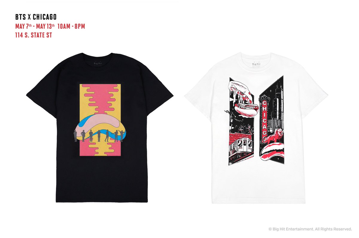 Bts Official On Twitter 2019 Bts World Tour Pop Up Store Chicago 114 S State St May 7th 13rd 10 00 20 00 Cst Check Out New Merch Chicago Signature T Shirts At Bts Popup Https T Co Molmjawzjc