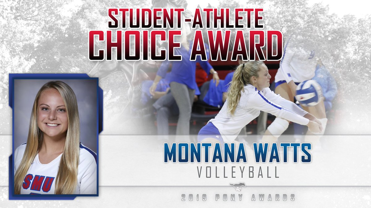 SMUMustangs's tweet photo. #PonyAwards19 – The Student-Athlete Choice Award winner, whose peers believe he/she serves as an outstanding role model for the community, is Montana Watts of @SMUVolleyball. #PonyUp https://t.co/Bqysm6dyUt