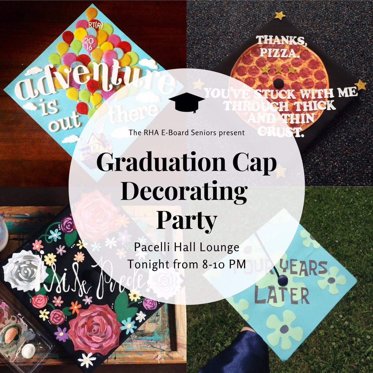SXURHA's tweet photo. ATTENTION SXU CLASS OF 2019! Tonight at 8 PM, the RHA E-Board seniors will be hosting a Graduation Cap Decorating Party in the Pacelli Hall Lounge! Relax and get crafty, seniors!
👩🏻‍🎓🏵👨🏻‍🎓
#SXURHA #SXUClassof2019 #GetCrafty https://t.co/26kxKpFeZa