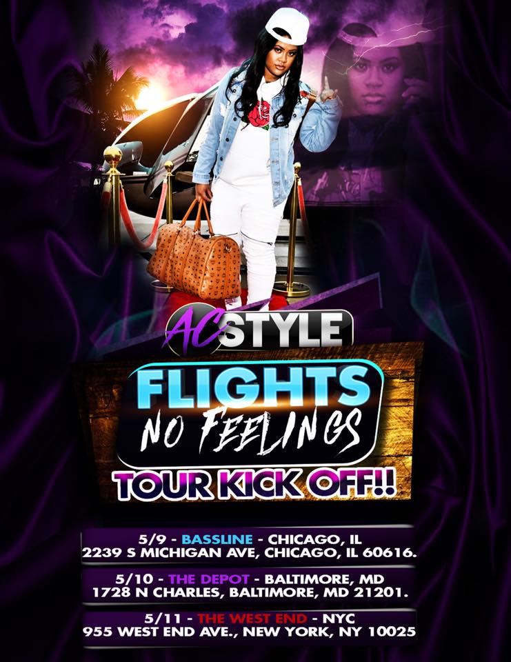 My Flights No Feelings Album Tour kicks off this week!!! First cities are Chicago 5/9, Baltimore 5/10 &amp; NYC 5/11!!! Tickets on sale grab them at officialacstyle.com