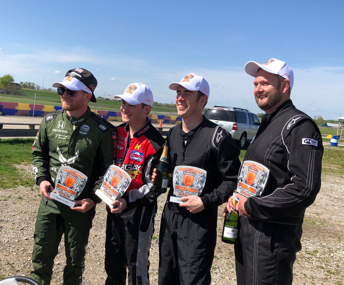 ConorDaly22's tweet photo. Hilarious day of racing with the @IndyCar fam! Great day raising money for a great cause thanks for having us @DanWheldonFdtn ! Tried to push @scottdixon9 passed @ColtonHerta for the W but we ended P3 #DWProAm https://t.co/yGypNecsmg