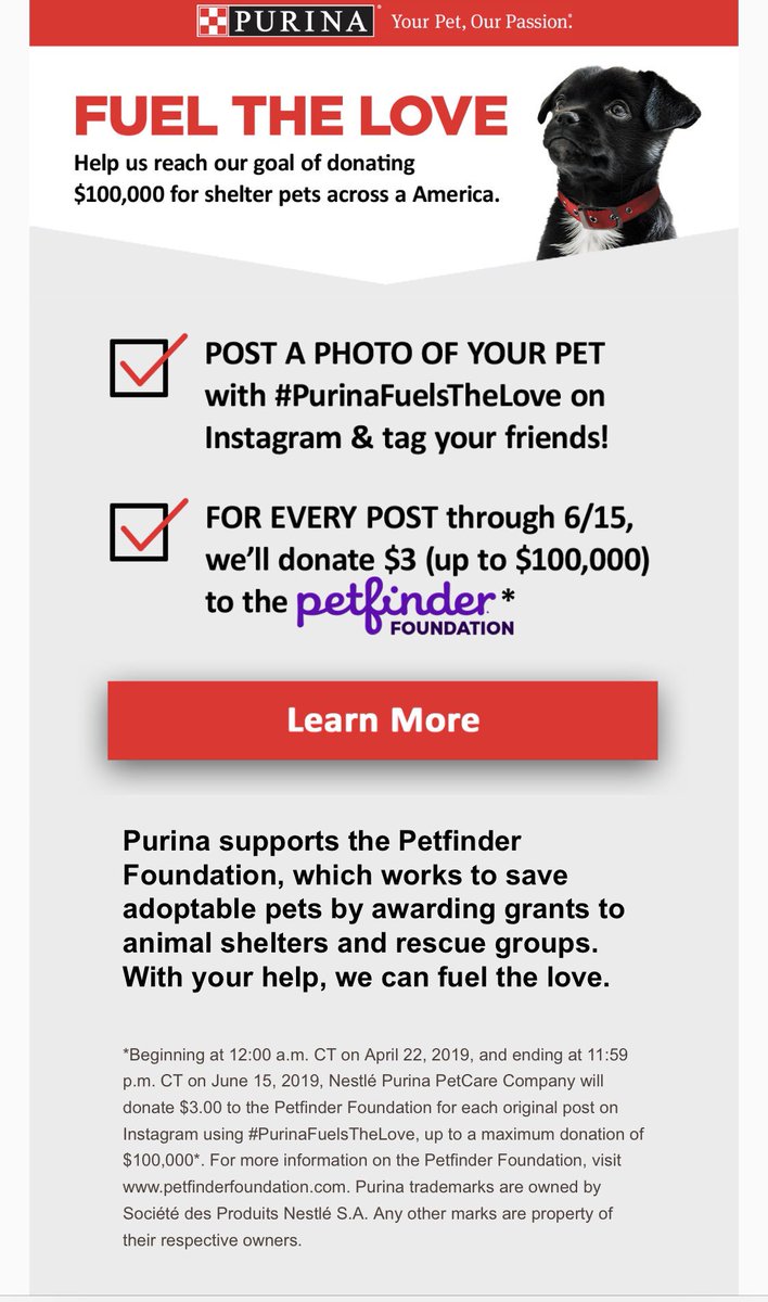 If you have a pet, please take a few seconds to do this! <a href="/Purina/">Purina</a> will donate $3 to <a href="/petfinder/">Petfinder</a> for every Instagram post with #PurinaFuelsTheLove. ❤️