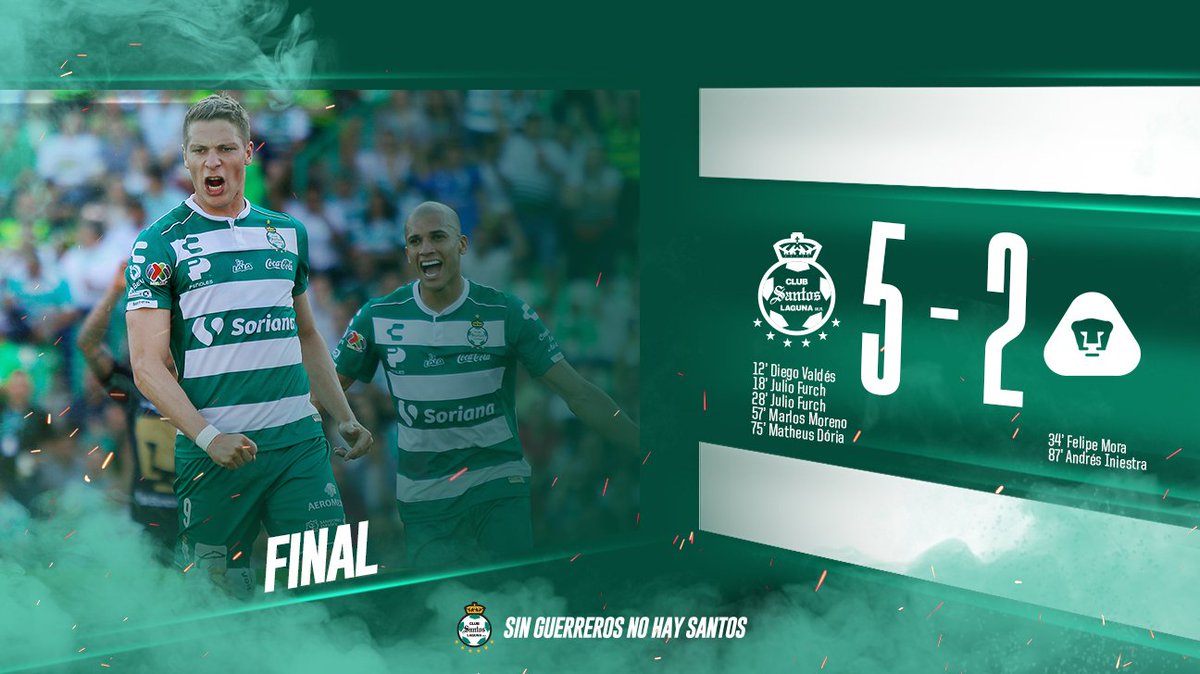 ClubSantos's tweet photo. #Santos 5-2 #Pumas 

⏱90' Finaliza el partido en @TSMoficial. ¡Triunfo de los #Guerreros! 

Con esta victoria culmina nuestra participación en el Clausura 2019. ¡Gracias por su incondicional apoyo, afición! 

#SinGuerrerosNoHaySantos https://t.co/by68NBtCWB