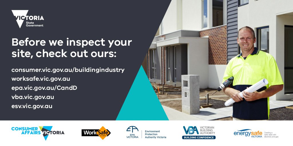 consumervic's tweet photo. We're now conducting #BuildAware inspections with fellow regulators @WorkSafe_Vic, @EnergySafeVic, @EPA_Victoria & @VicBuilding in the #Ballarat region. See https://t.co/3Yku4wHjir
#Ballarat https://t.co/aXKphiNyoU