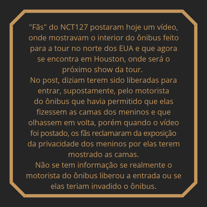 kpopsourcebr's tweet photo. "Fãs" do NCT127 postaram hoje um vídeo, onde mostravam o interior do ônibus feito para a tour no norte dos EUA e que agora se encontra em Houston, onde será o próximo show da tour. https://t.co/9QI8lPDf0c