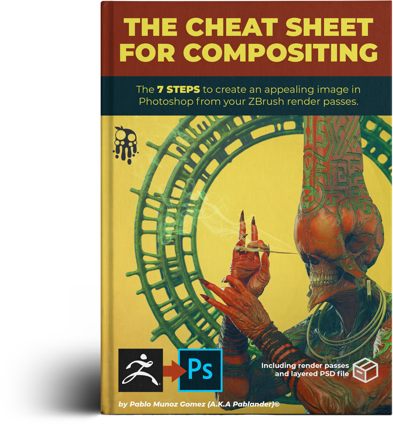 pablander's tweet photo. The CHEAT SHEET for compositing is out!!! I’m super excited to share this with all of you. I’ve put together a cheat sheet with my 7 steps to turn you ZBrush render passes into a great looking image using photoshop for compositing. https://t.co/LmYUpt8bWb https://t.co/JYaWP5WbEZ