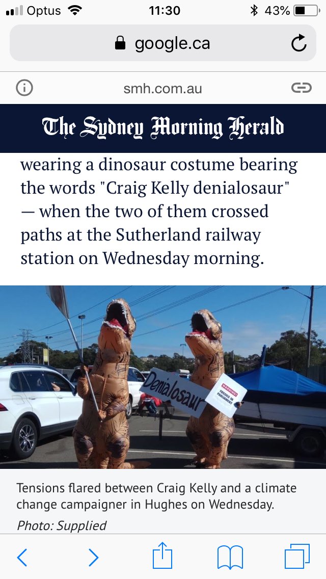 warringah19's tweet photo. Also, great to see my cousin the #denialosaur keeping the pressure on @CraigKellyMP down in #Hughes. Keep it up #denialosaur - sounds like he’s running scared! #hughesvotes #auspol #climateelection #australiavotes #australiavotes2019 https://t.co/nsesy2ncDI