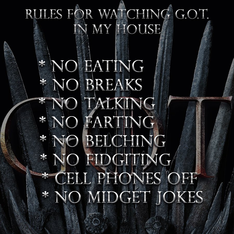 JuppIndustries's tweet photo. GOT Rules? Sure do! #GOT #gameofthrones #gotrules #JonSnow #ironthrone #goodbyeCersei #AryaStark   #DaenerysTargaryen https://t.co/N89GGpddzV
