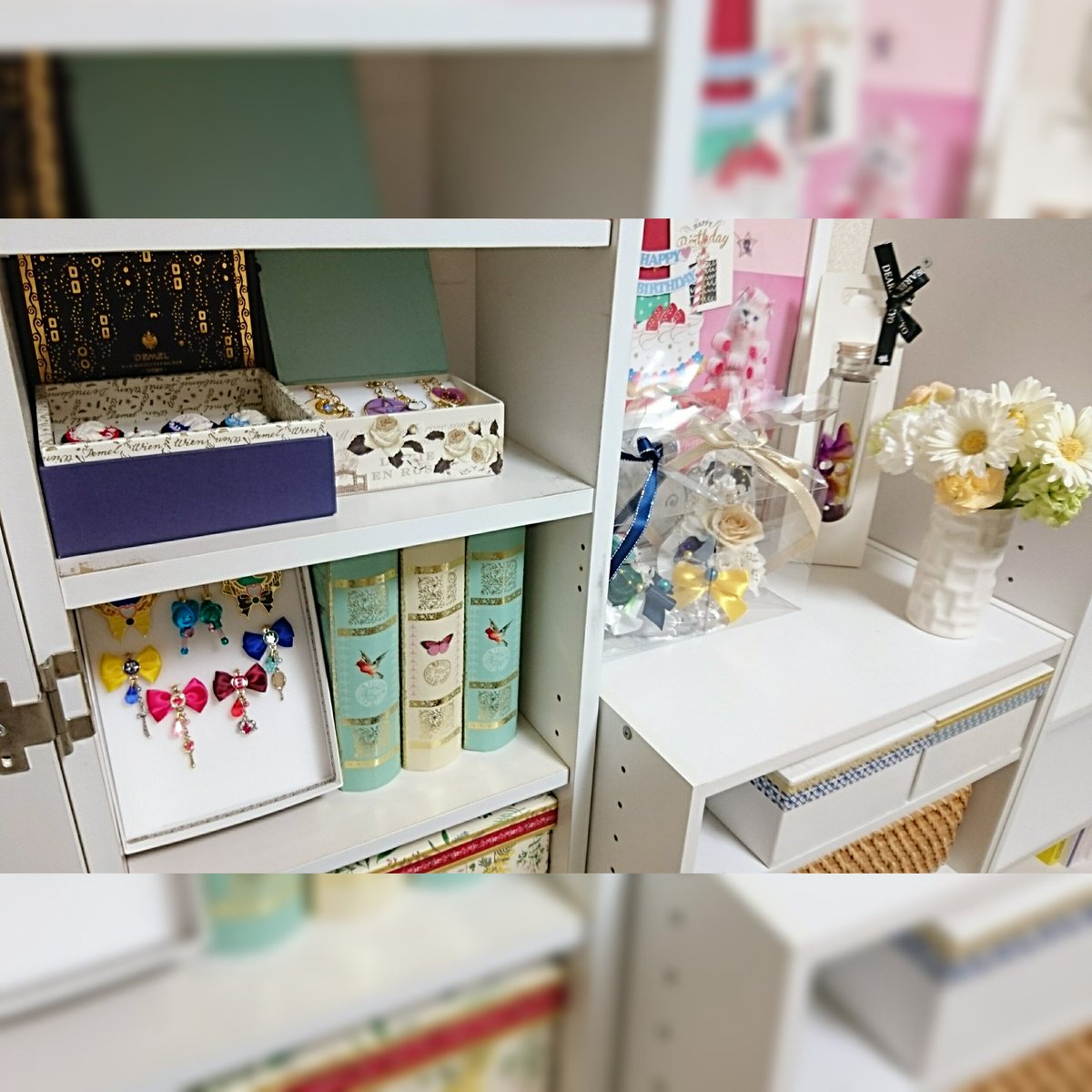 Shiromuku お気に入りのものたちのスペースと アクセサリー収納の一部 Diy Diyアクセサリー ハンドメイド ハンドメイドアクセサリー ハンドメイド好きさんと繋がりたい ハンドメイド好きな人と繋がりたい アクセサリー収納 アクセサリーボックス