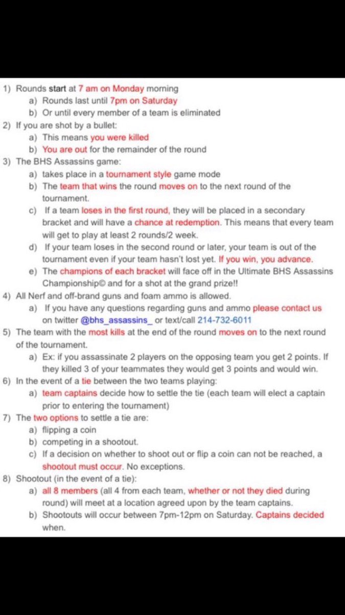 bhs_assassins_'s tweet photo. these are the final rules, the same ones that have been used in the past. just to clear up any confusion, these are the final rules and will not change! sorry for past changes and any miscommunications. thanks players! https://t.co/LjERfC3P0c