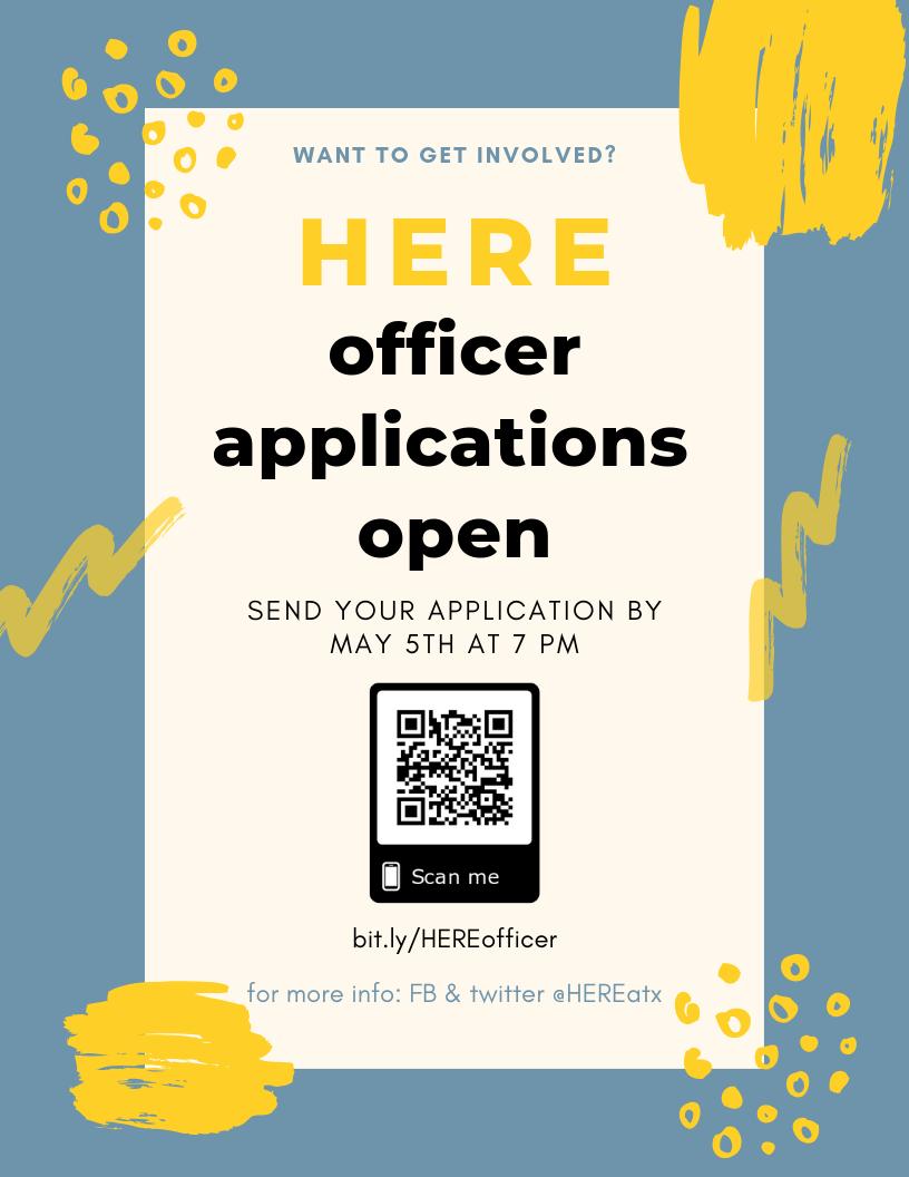 Join us on the leadership board for HERE! We do an annual zine, a poetry and art showcase, frog cowboy pronoun pins and stickers, collaborative meetings with QTPOCA and other orgs, and community meetings!

apply at: bit.ly/HEREofficer